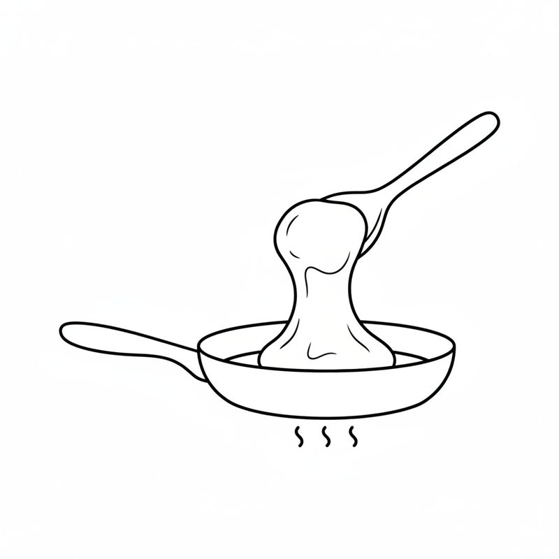 Line drawing of a wooden spoon lifting a thick, stretchy ball of pale dough out of a shallow pan, with heat lines rising underneath.