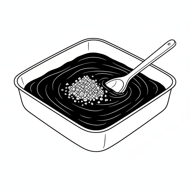 Line drawing of a wooden spoon stirring chopped peanuts into a square pan of dark chocolate mixture.