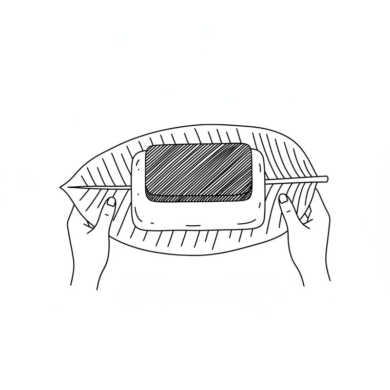 Line drawing of two hands on a banana leaf, laying a dark cross-hatched rectangle of chocolate dough on top of a plain pale rectangle of rice dough.