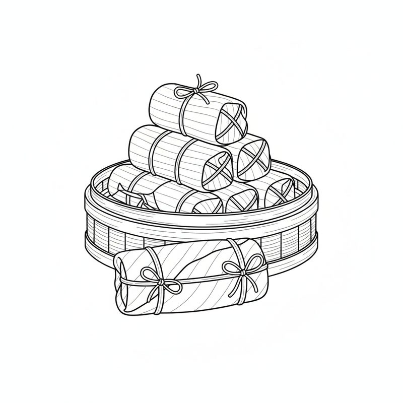 Line drawing of banana-leaf parcels tied at both ends with twine, stacked in a round bamboo steamer basket with one parcel resting in front.