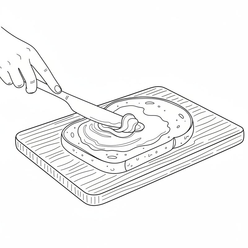 Line drawing of a hand spreading butter across a slice of bread lying on a wooden board