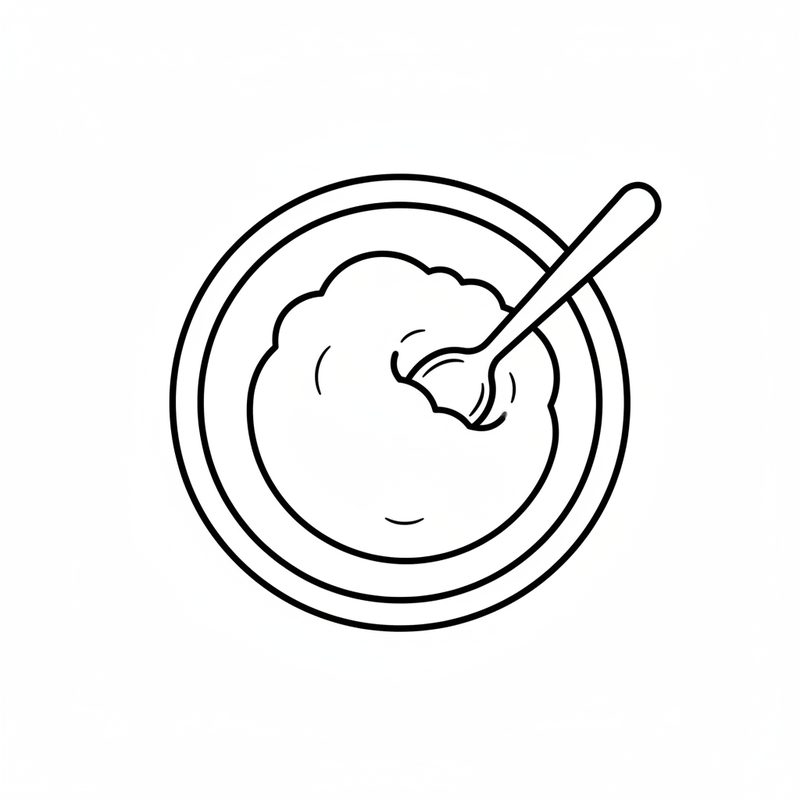 Line drawing seen from above of a small bowl with a spoon stirring a heap of granular mixture