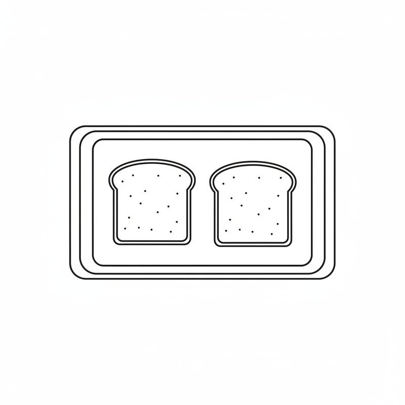 Line drawing seen from above of a baking tray holding two slices of bread spaced apart, their surfaces flecked with a scattering of topping