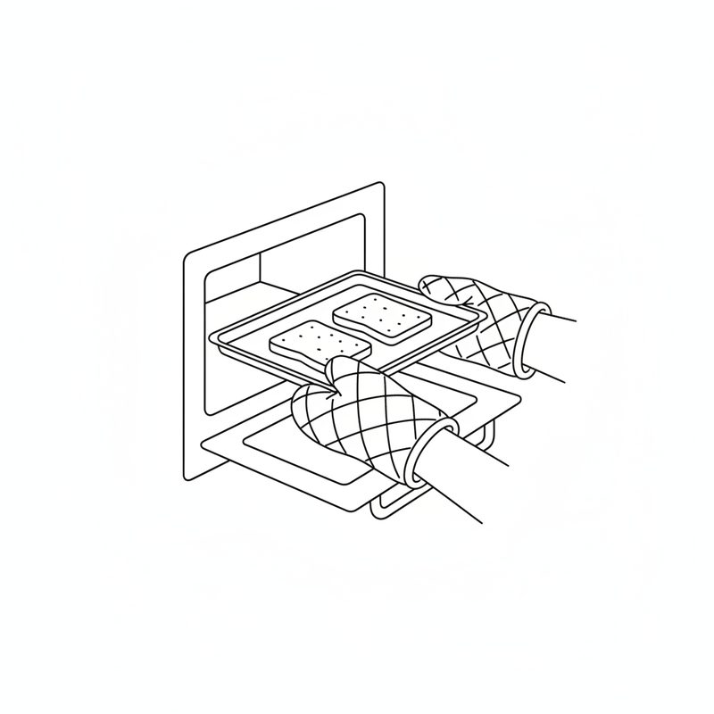 Line drawing of two gloved hands pulling a baking tray of toast out of an open oven