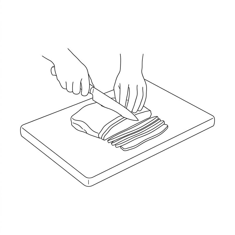 Line drawing: a knife slicing pork shoulder into thin flat strips on a board