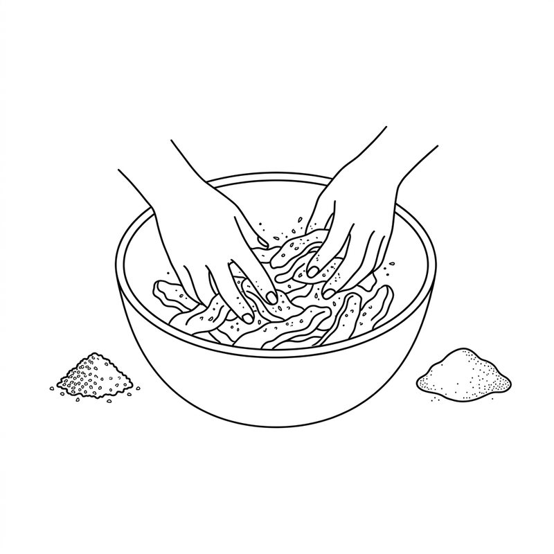 Line drawing: hands massaging sugar and salt into pork strips in a bowl