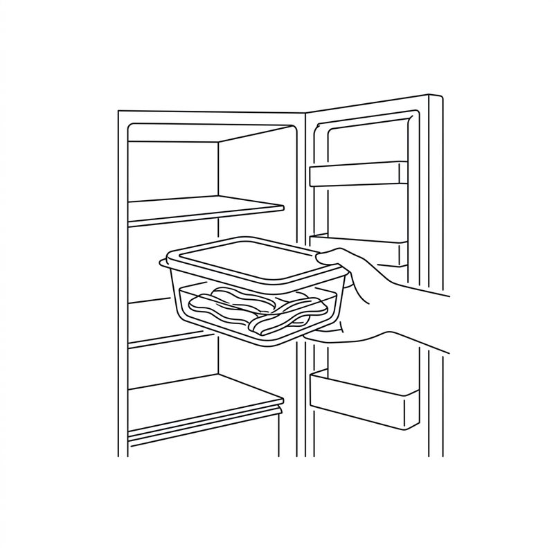 Line drawing: a covered container of marinating pork going into a refrigerator