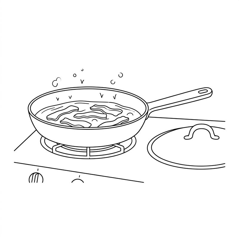 Line drawing: pork strips simmering in shallow water in a frying pan