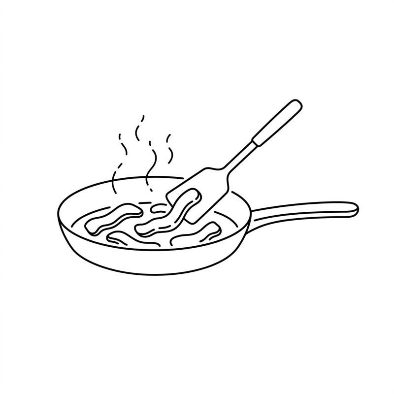 Line drawing: pork strips caramelising in a pan with a spatula turning them