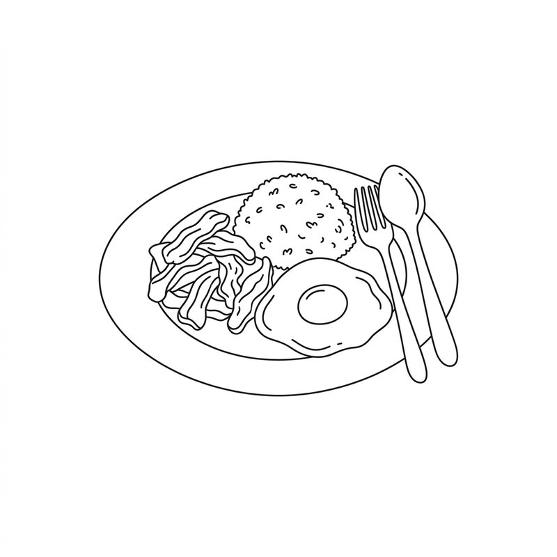 Line drawing: a plate of tocino with rice and a fried egg