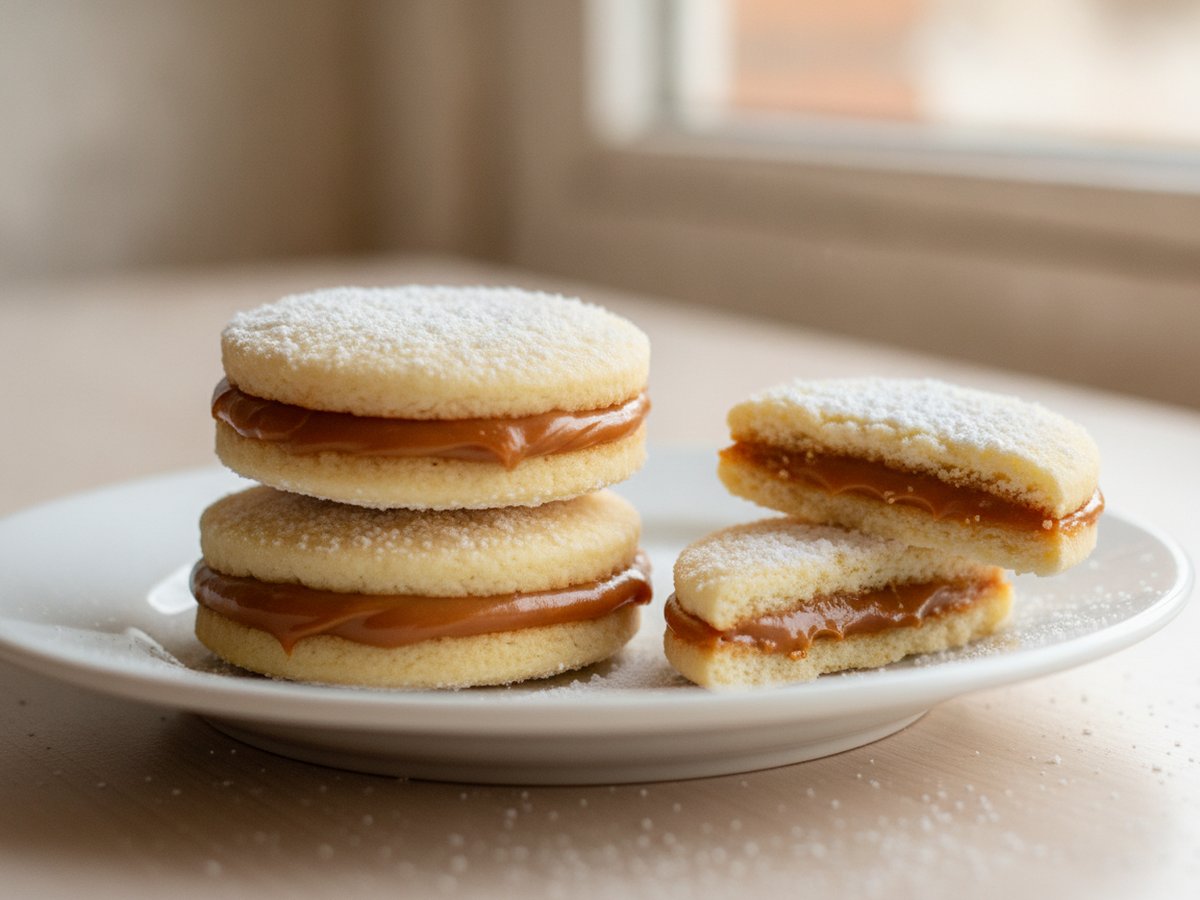 Two stacked alfajores and one broken in half on a white plate, pale cornstarch butter cookies sandwiched with dulce de leche and dusted with icing sugar