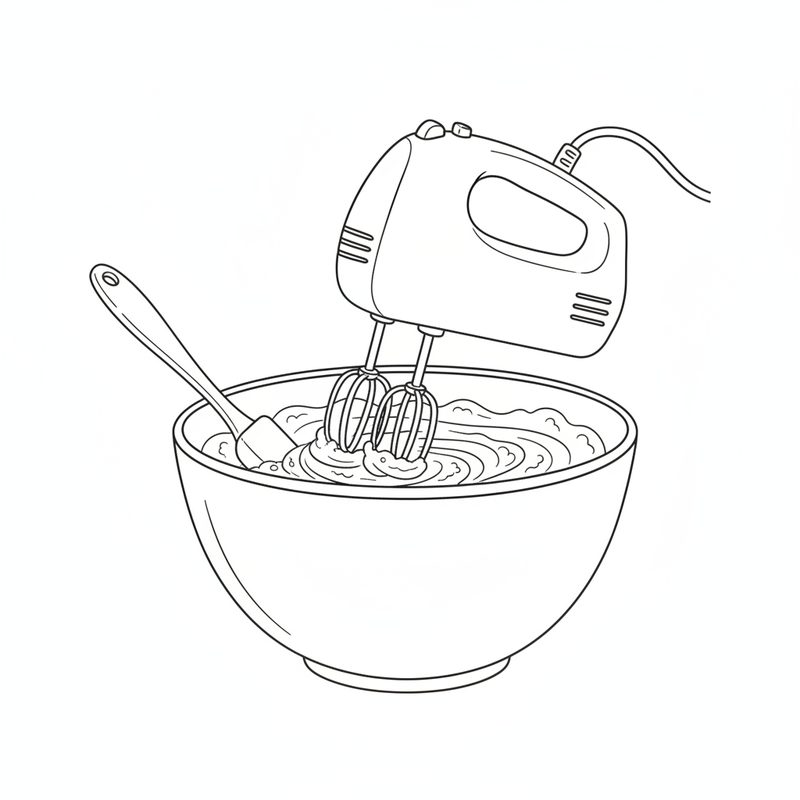 Line drawing of an electric hand mixer beating butter and sugar in a large bowl, with a spatula resting in the bowl