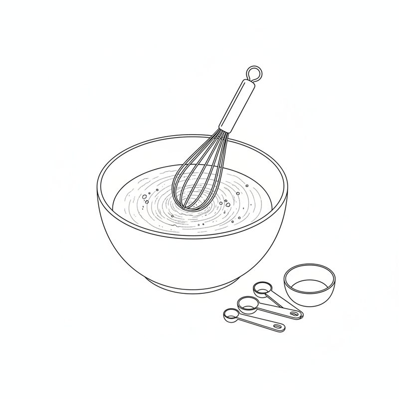 Line drawing of a whisk mixing dry ingredients in a bowl, with measuring spoons and a small bowl beside it