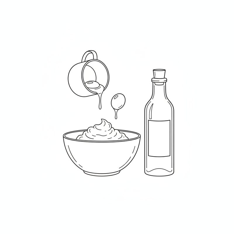 Line drawing of egg yolks pouring from a small cup into a bowl of creamed butter, next to a tall bottle