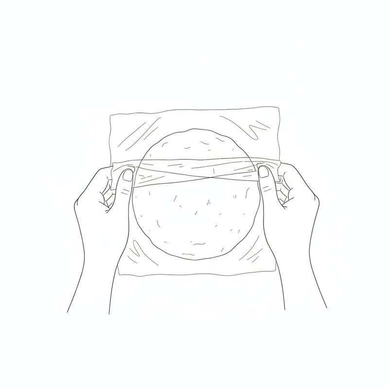 Line drawing of two hands folding plastic wrap over a flat round of dough before it goes in the fridge