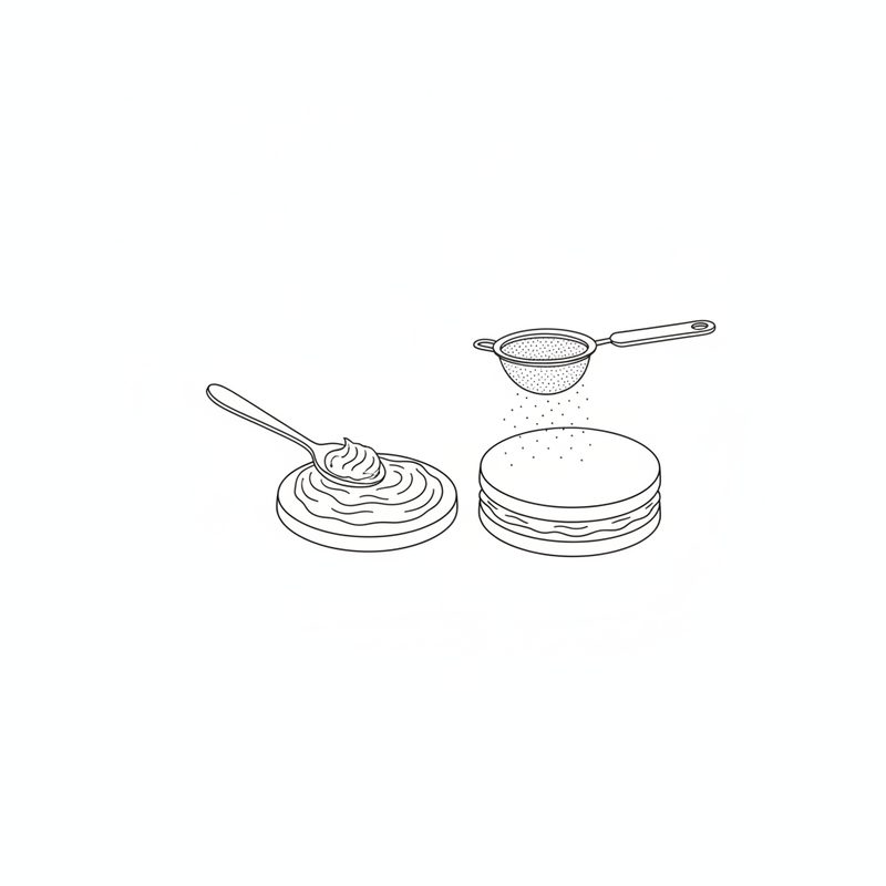 Line drawing of a spoon spreading dulce de leche on a cookie, beside a filled sandwich cookie being dusted with icing sugar from a sieve