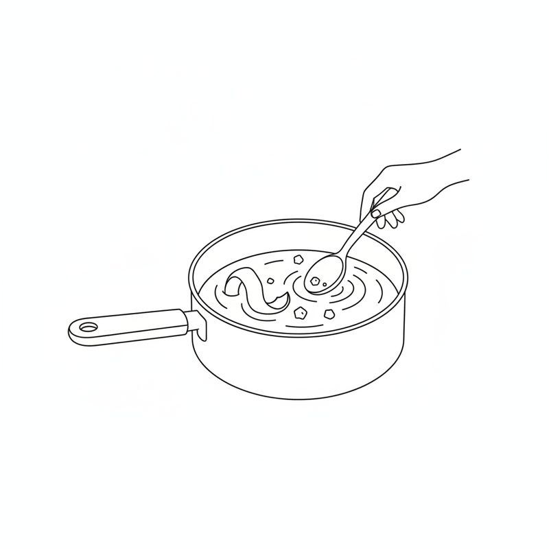 Line drawing of a hand stirring a saucepan of syrup with a curl of lemon peel in it