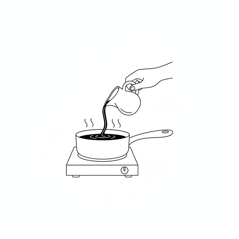 Line drawing of a hand pouring honey from a small jug into a steaming saucepan on a hotplate