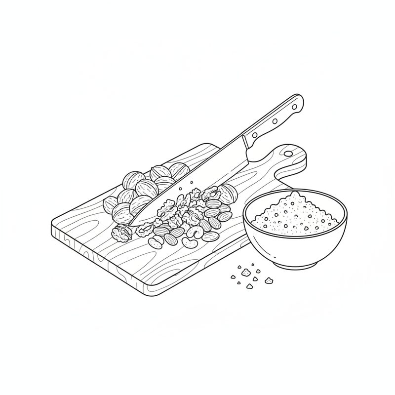Line drawing of whole and chopped nuts on a wooden board with a chef knife, beside a bowl of the mixture