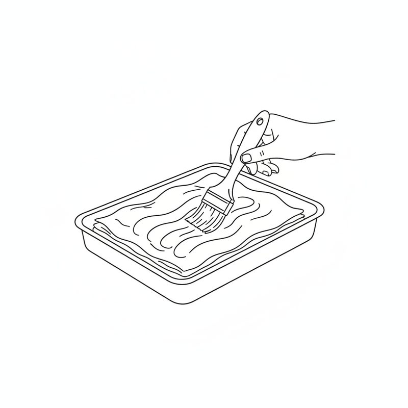 Line drawing of a hand brushing melted butter across a sheet of filo in a rectangular baking pan