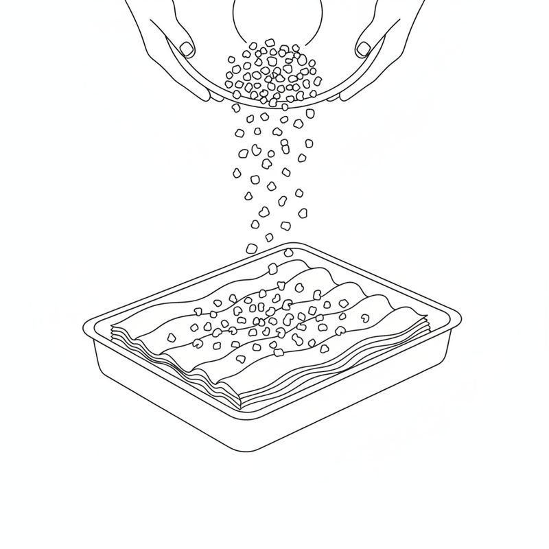Line drawing of chopped nuts being scattered from a bowl over layered filo sheets in a baking pan