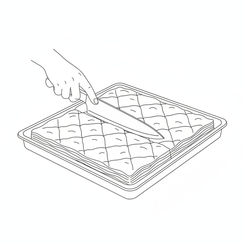 Line drawing of a hand scoring a diamond pattern into the top filo layer of a tray of baklava
