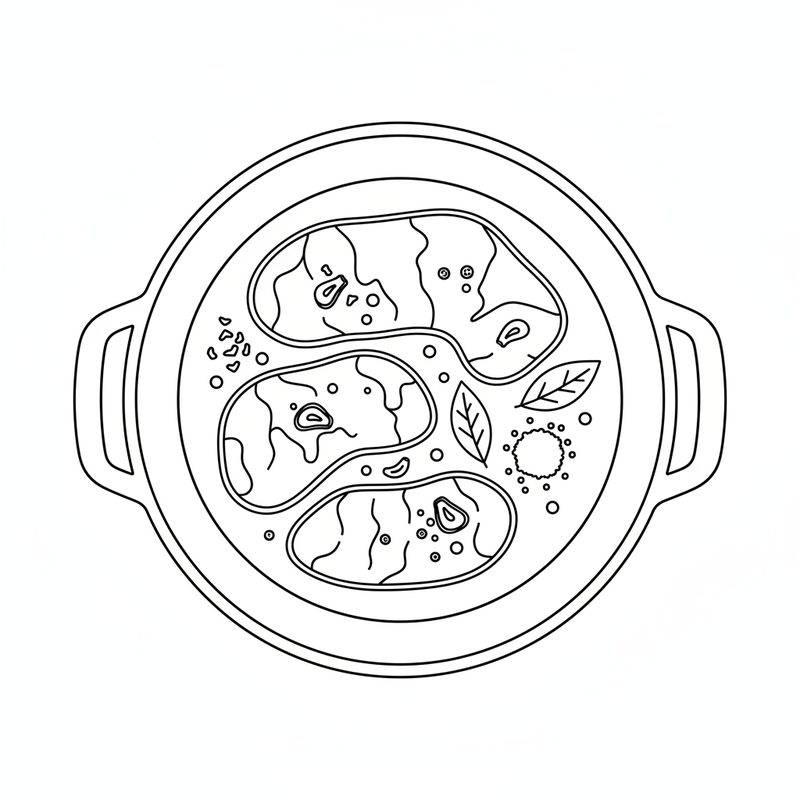 Overhead line drawing of a two-handled pot holding flat pieces of beef with two bay leaves, scattered peppercorns and a small heap of sugar.