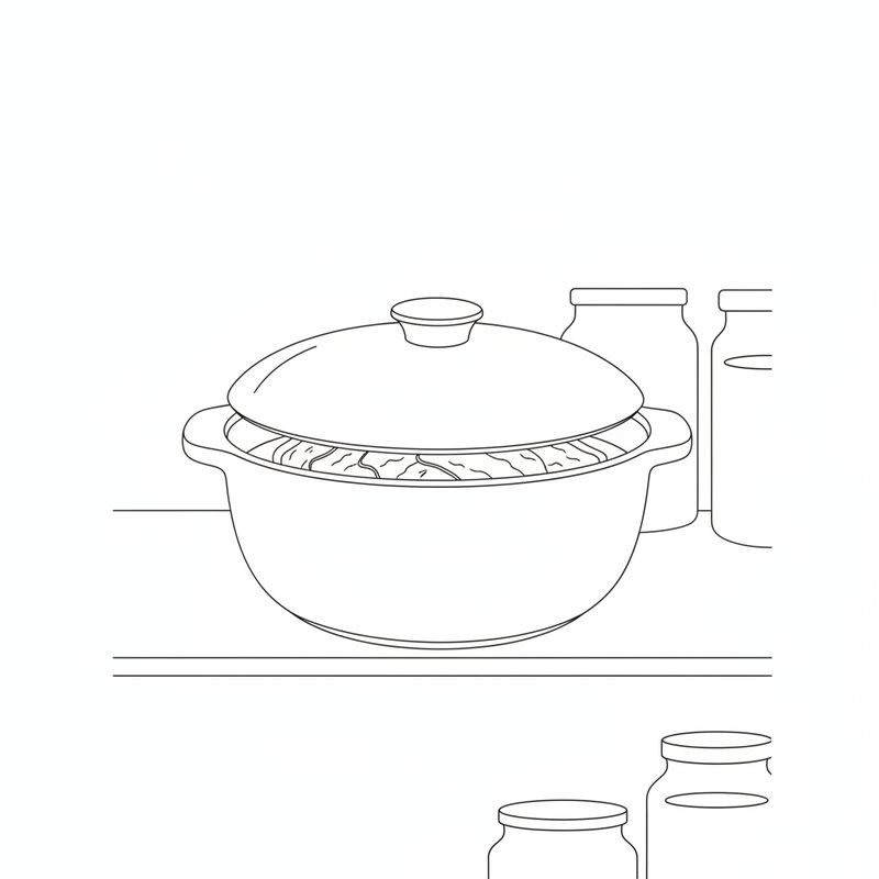 Line drawing of a lidded pot of marinating beef standing on a shelf beside storage jars.