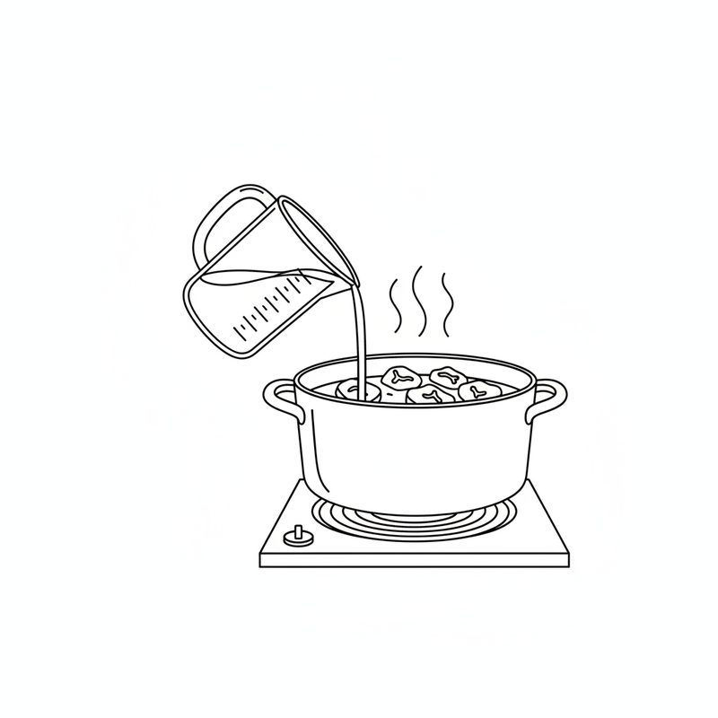 Line drawing of a measuring jug pouring water into a steaming pot of beef on a stovetop burner.