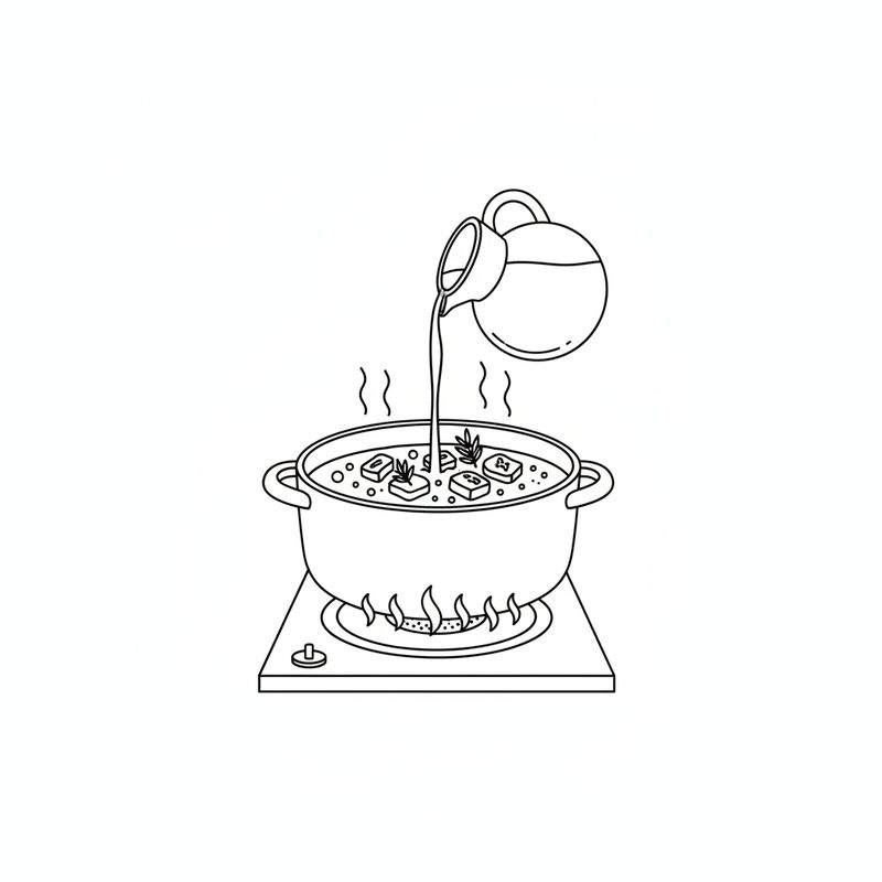 Line drawing of a round jug pouring vinegar into a simmering pot of beef over a burner flame.