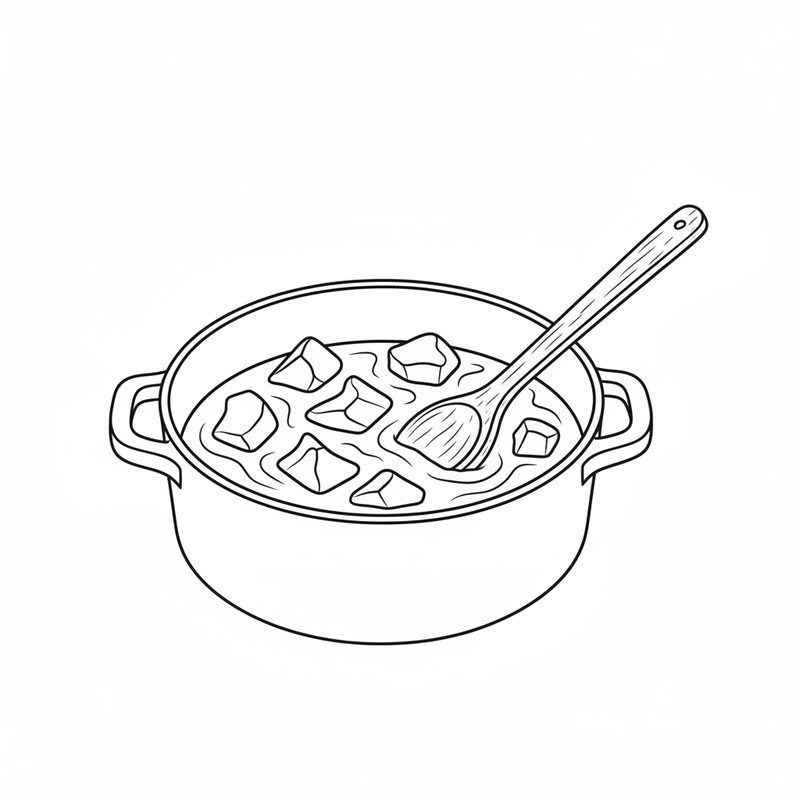 Line drawing of a pot of beef pieces in a thickened sauce with a wooden spoon resting in it.