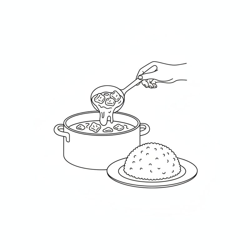Line drawing of a hand ladling beef and sauce from a pot onto a plate beside a mound of rice.