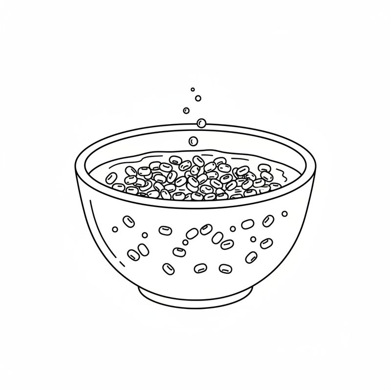Line drawing of a deep bowl holding small oval beans submerged in water, seen from the side