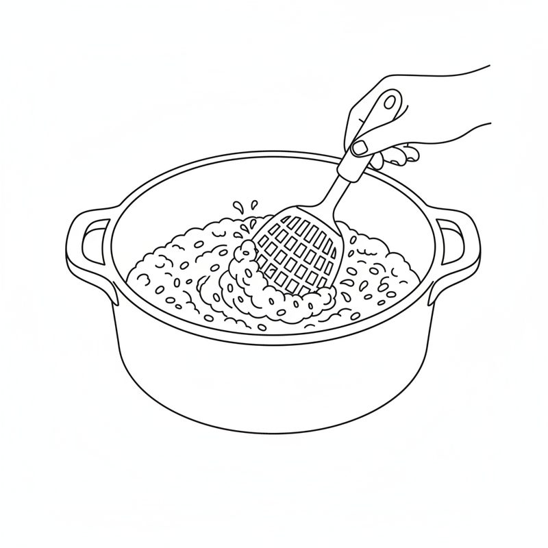 Line drawing of a hand pressing a masher down into cooked beans in a two-handled pot