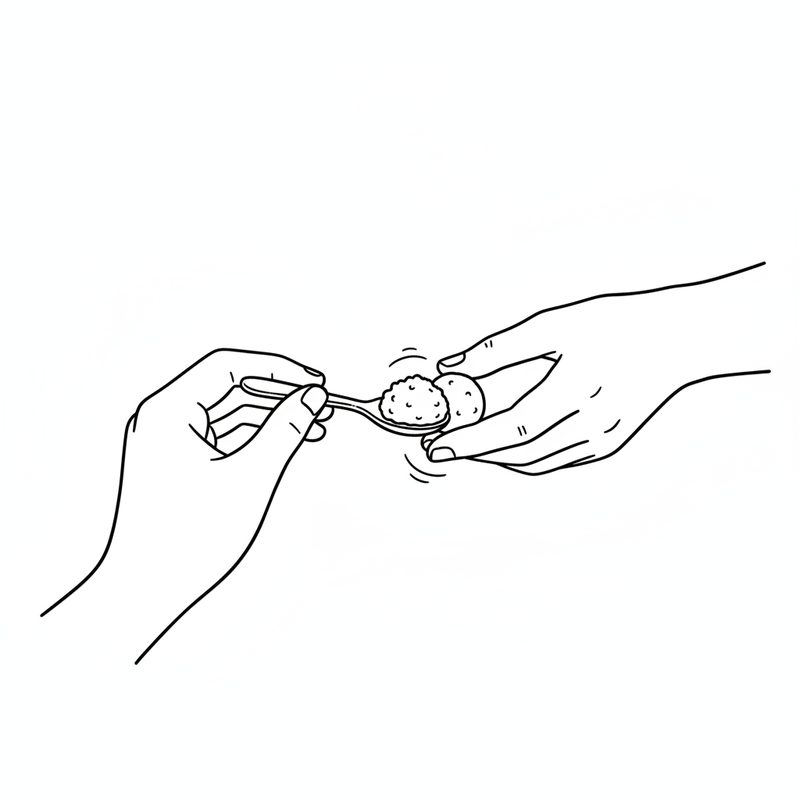 Line drawing of two hands shaping a small textured ball of bean paste over a spoon