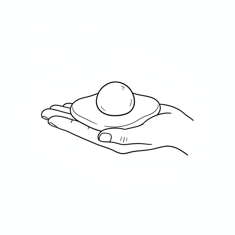 Line drawing of an open palm holding a flattened round of dough with a smooth ball resting in its centre