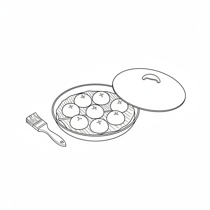 Line drawing of a round pan lined with a leaf holding eight dough balls, a pastry brush beside it and the lid tilted off to one side