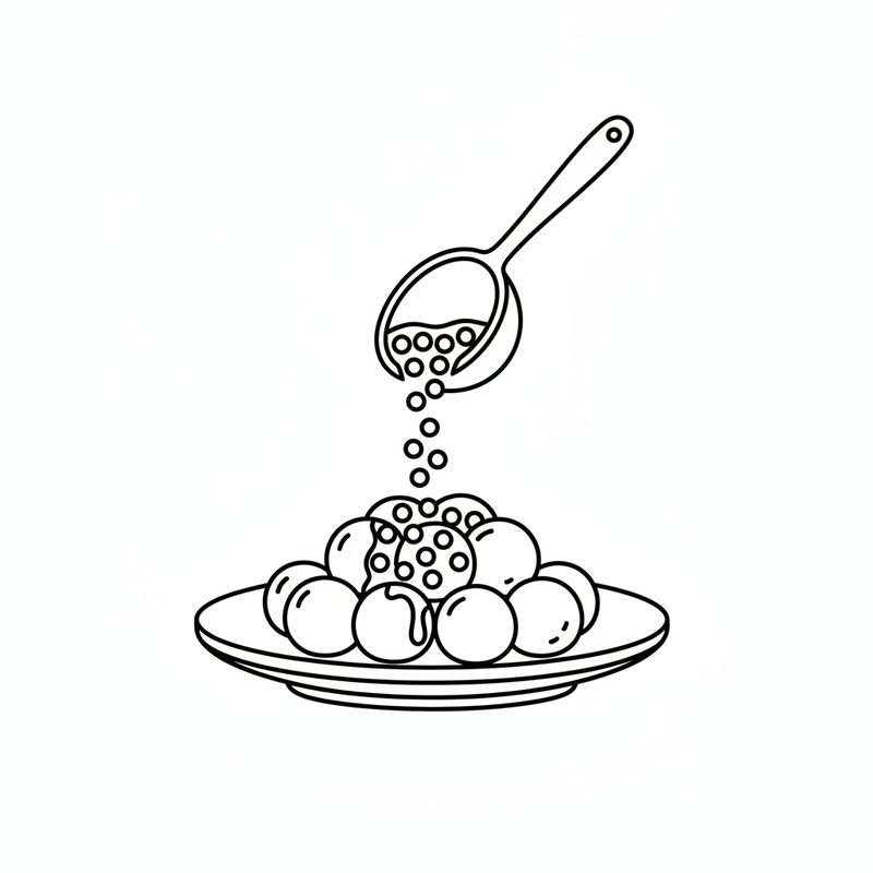 Line drawing of a ladle pouring small round pearls in sauce over a plate of stacked round rice cakes