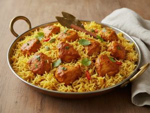 One-pan chicken biryani in a two-handled pan: turmeric-yellow basmati rice with pieces of chicken in tomato sauce, a cinnamon stick, bay leaf, cardamom pods, sliced red chili and fresh mint and coriander leaves