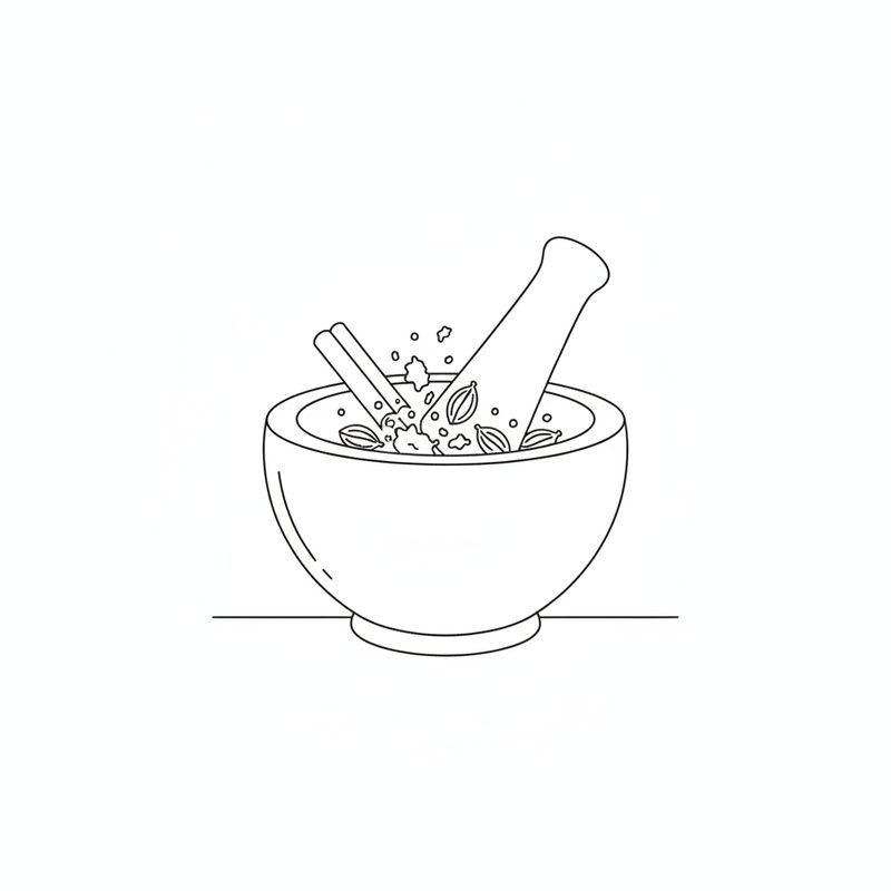 Line drawing of a mortar and pestle crushing a cinnamon stick and whole cardamom pods
