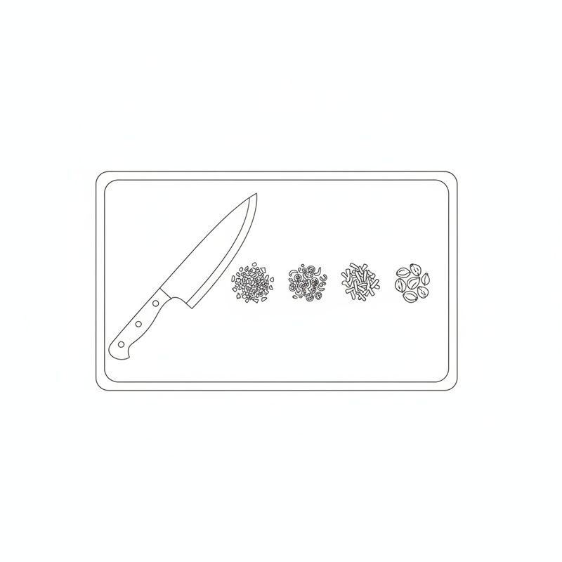 Line drawing of a chopping board with a chef's knife and four small piles of chopped onion, sliced chilli, shredded ginger and garlic cloves