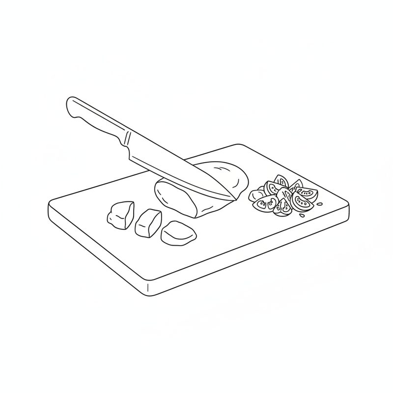 Line drawing of a knife cutting a chicken breast into pieces on a board, with chopped tomato beside it
