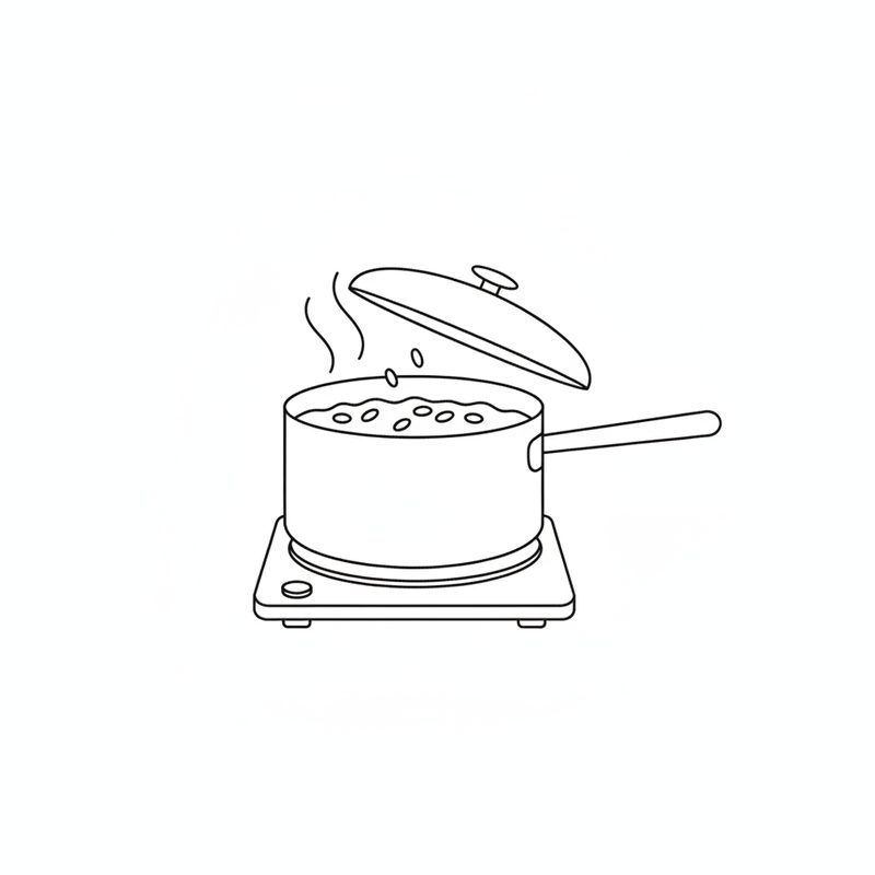 Line drawing of a saucepan of rice simmering on a hob with the lid lifted and steam rising