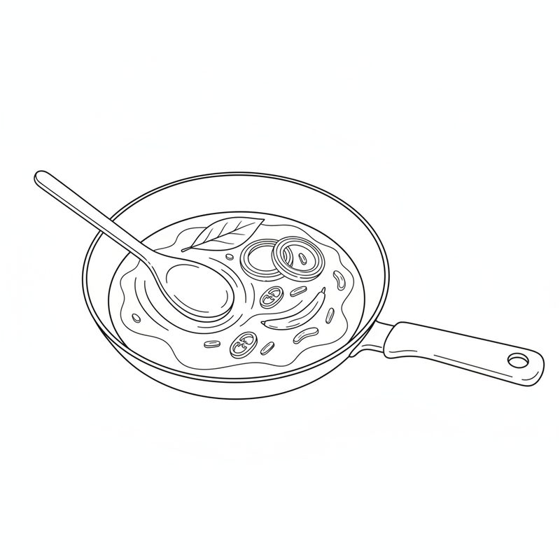 Line drawing of a frying pan holding a bay leaf, onion rings and sliced chilli in melted butter, with a wooden spoon resting in it