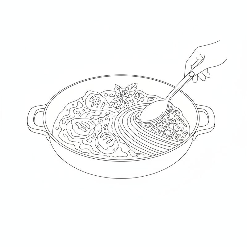 Line drawing of a wide pan of chicken in a thick sauce with cooked rice being folded through it, topped with mint leaves