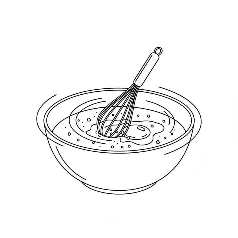 Line drawing of a whisk beating a thin batter with a cracked egg in a round mixing bowl