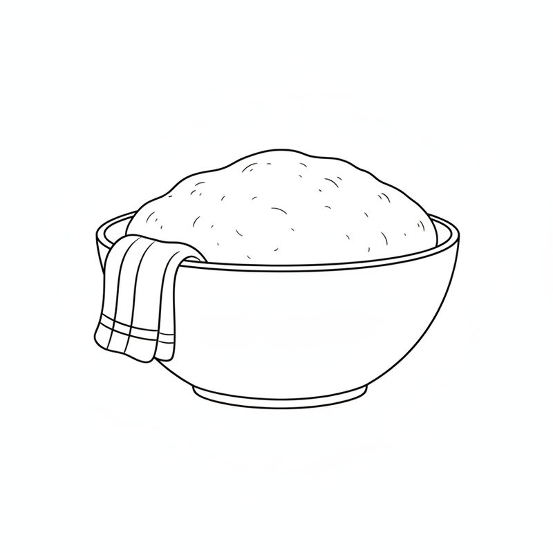 Line drawing of a bowl of risen dough domed above the rim, a folded towel hanging over one side
