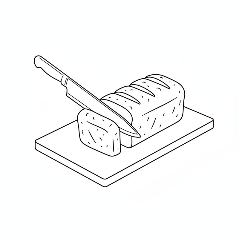 Line drawing of a knife cutting a baked loaf on a board, with one piece already cut away