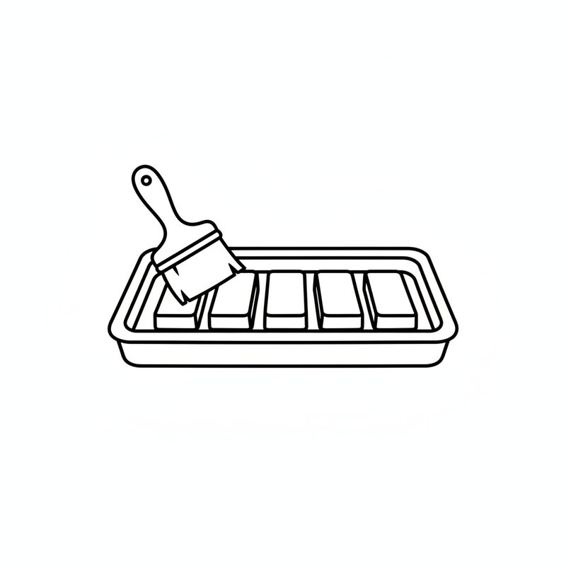 Line drawing of a wide brush held over five bread bars lined up on a rimmed baking tray