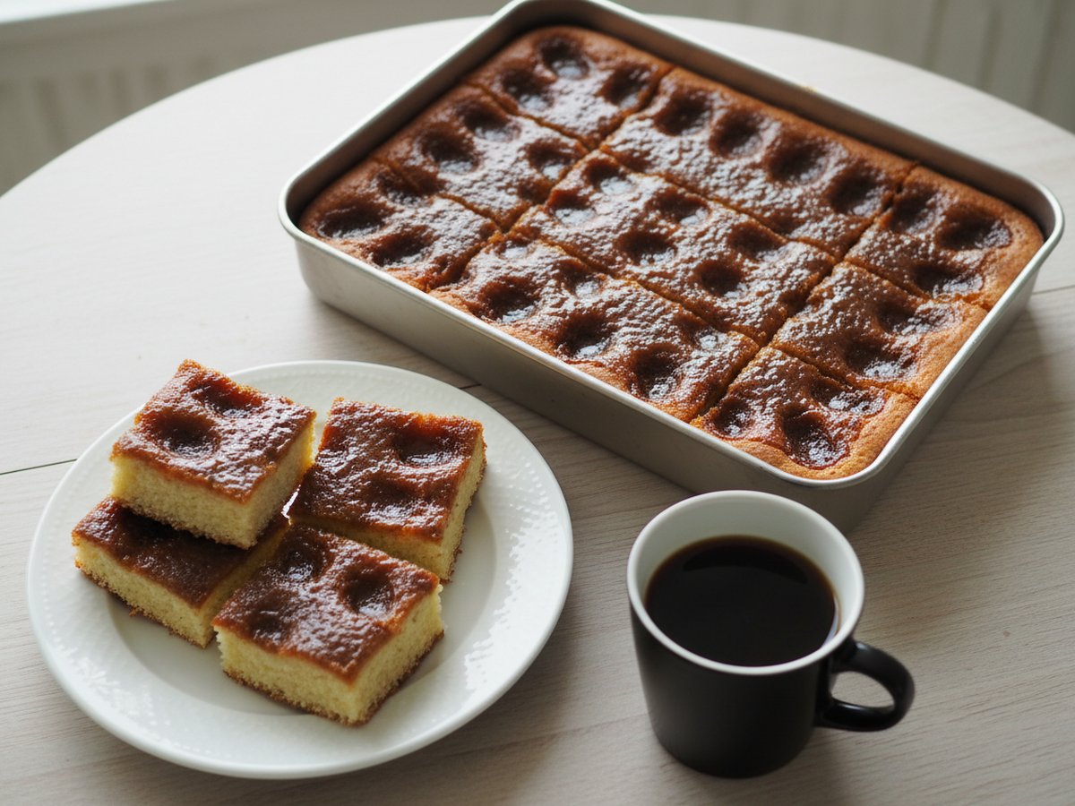 A tray of brunsviger cut into squares, its glossy dark-brown sugar and butter topping sunk into rows of dimples, with four squares on a white plate and a black mug of coffee beside it